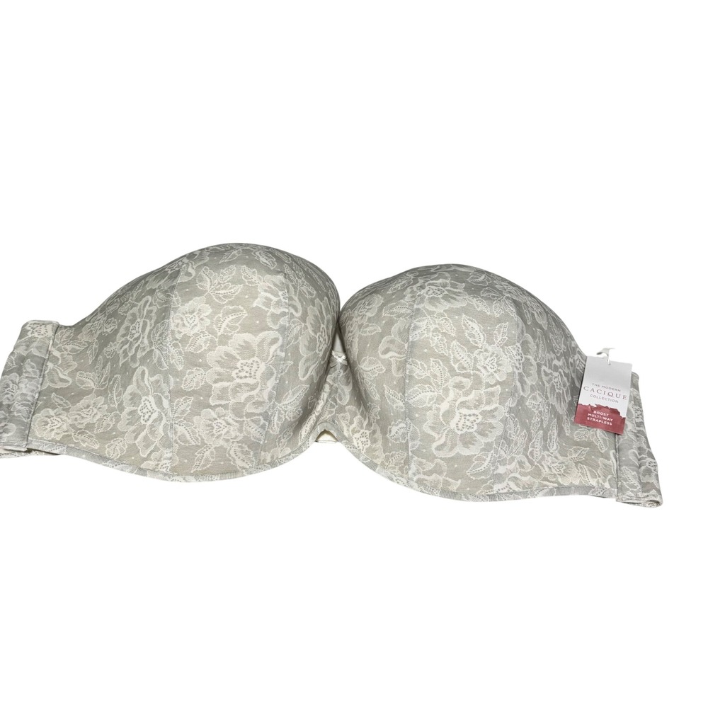 Cacique Grey White Floral Lace Boost Multi-Way Strapless Bra 50C Lane Bryant NEW